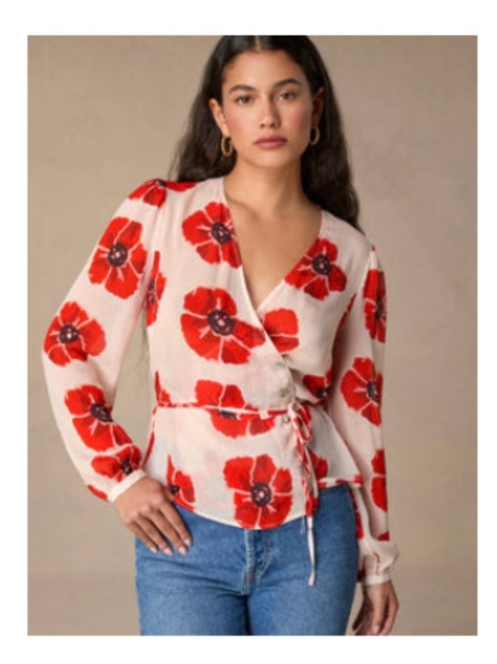 Rouje Cream Wrap Blouse with Red Floral Print